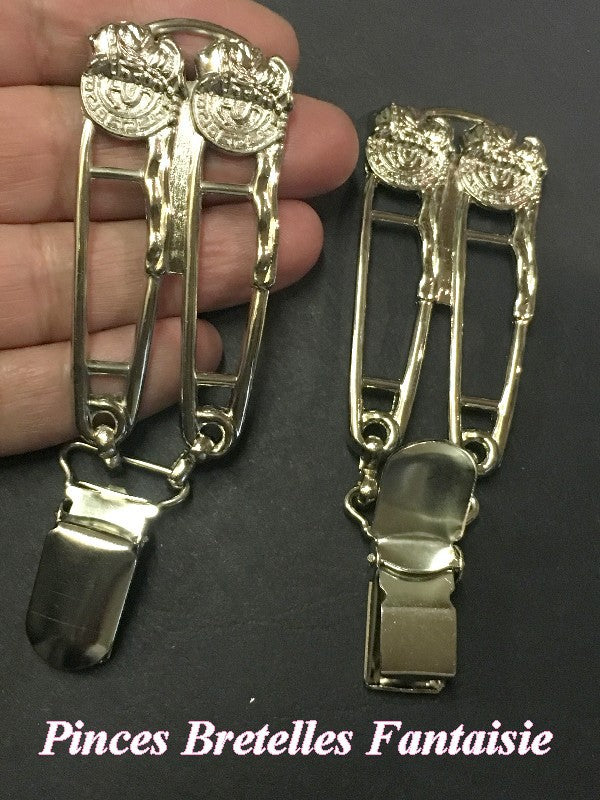 Pair of fancy suspender clips in silver with 2 pins in "Versace" style patterns