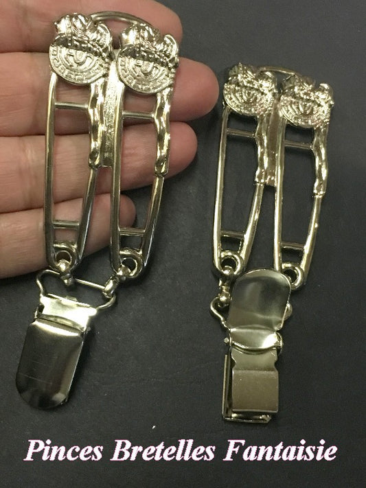 Pair of fancy suspender clips in silver with 2 pins in "Versace" style patterns