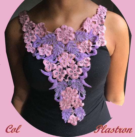 Applique Collar Bib in Lace Flowers in Old Pink and Purple for Customizations and Decorations.