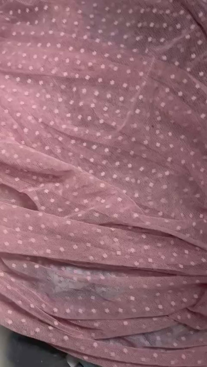 Tulle Plumetis Vieux Rose 145 cm - Pois Brodés - Non Extensible Premium