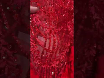 Coupon Dentelle Rouge Plumes et Sequins – 3,50m – Haute Couture