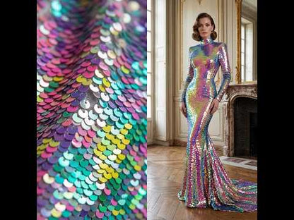 Tissu paillettes sequins multicolores irisés au mètre – 140 cm