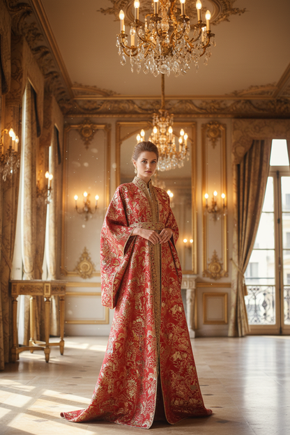 Caftan en brocart rouge et or jacquard – cérémonie parisienne