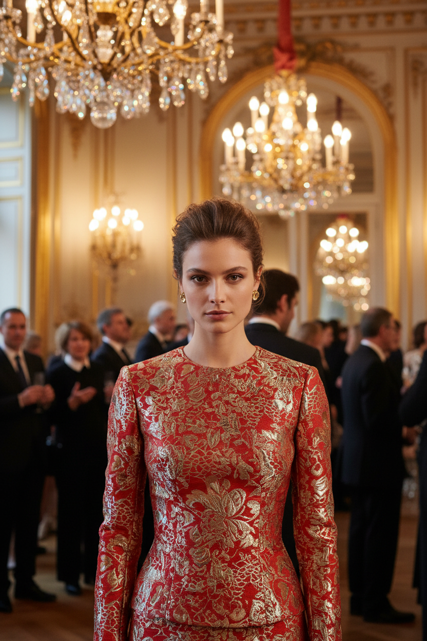 Haut en brocart rouge et or jacquard – cérémonie parisienne