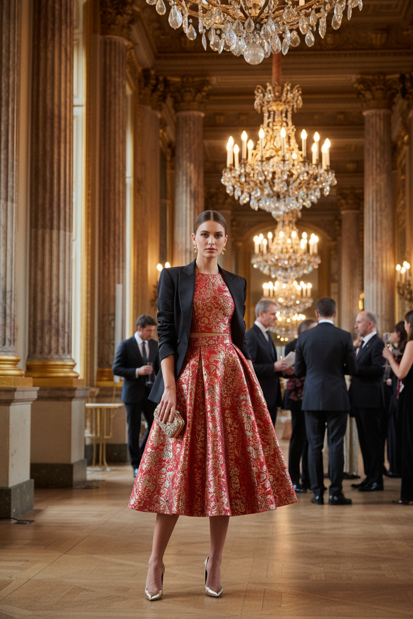 Jupe en brocart rouge et or jacquard – cérémonie parisienne