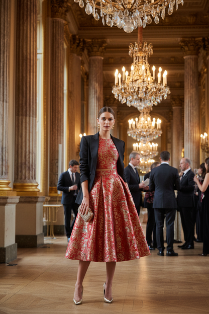 Jupe en brocart rouge et or jacquard – cérémonie parisienne
