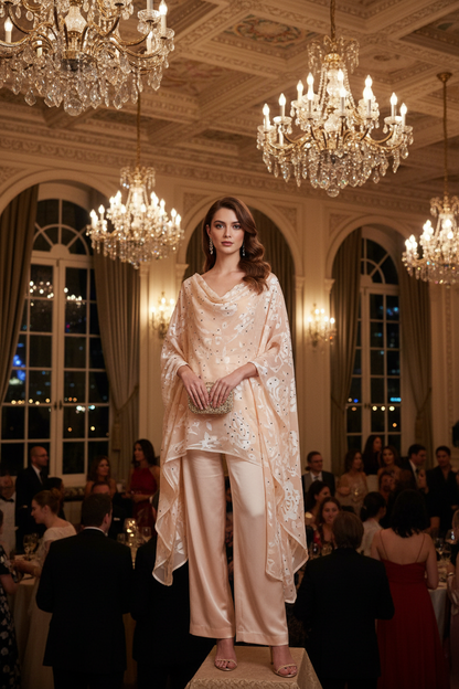 Chemisier en mousseline devoré saumon clair orné de strass – soirée mondaine