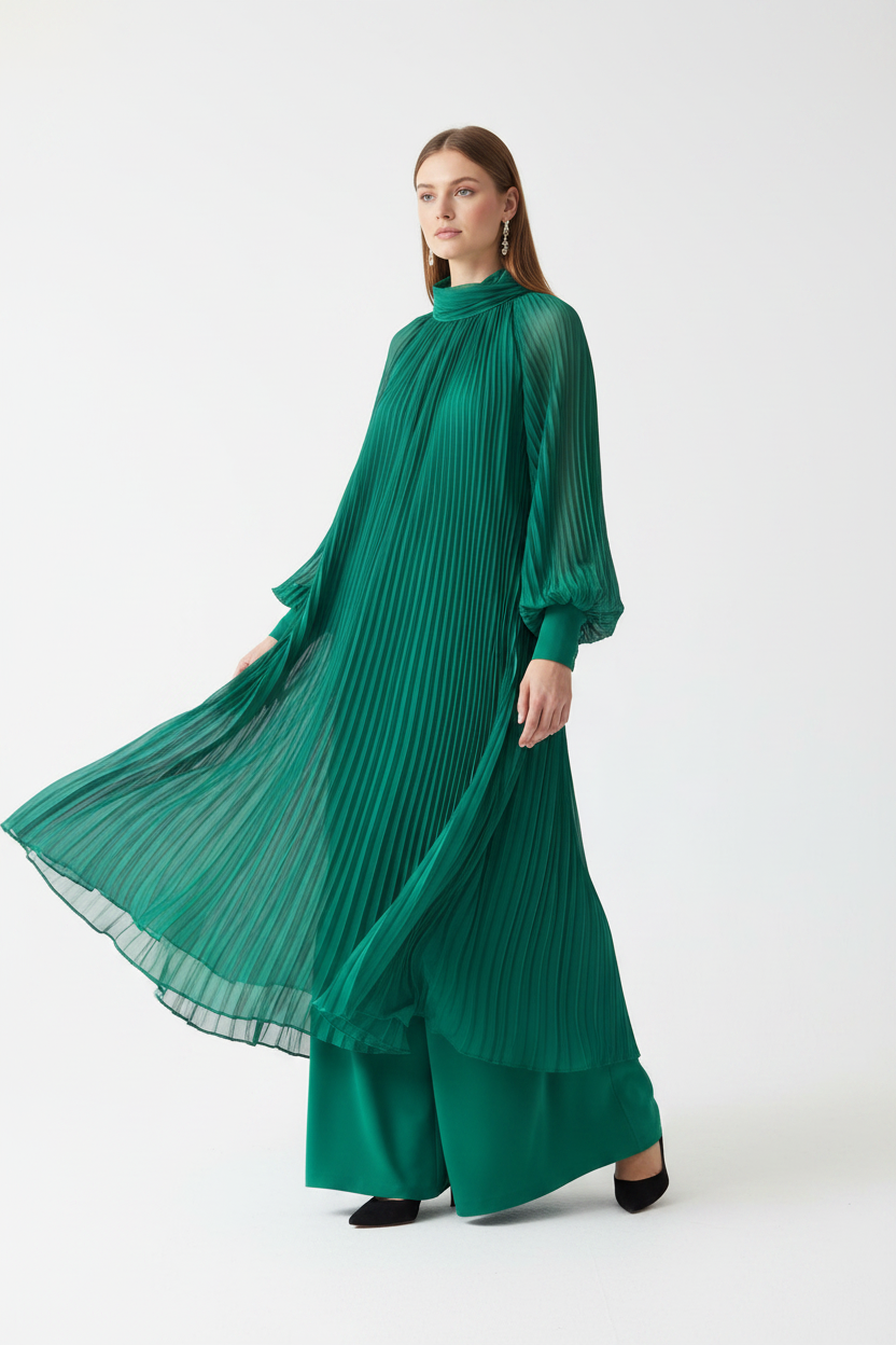 Chemisier plissé vert émeraude – création couture avec tissu plissé