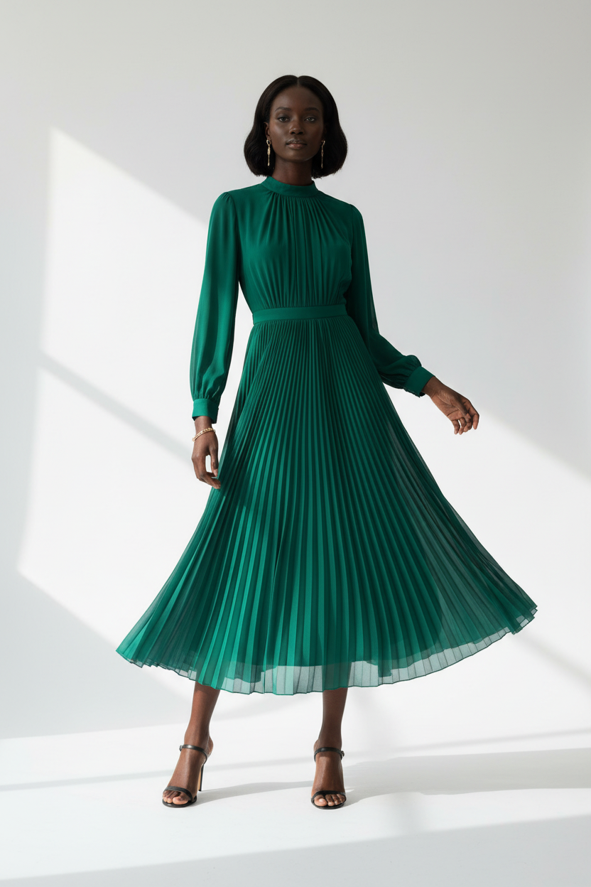 Robe plissée vert émeraude – création couture avec tissu plissé 150 cm