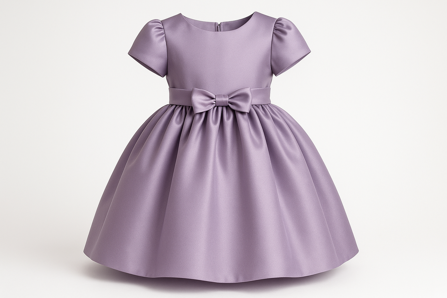 L'image montre une élégante robe de cérémonie pour enfant confectionnée dans ce magnifique satin duchesse parme. Cette photo met en valeur le tombé luxueux du tissu et son éclat caractéristique, parfait pour une communion, un cortège de mariage ou toute autre cérémonie.