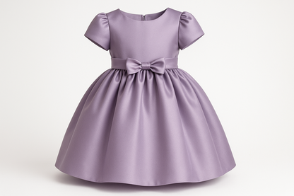 L'image montre une élégante robe de cérémonie pour enfant confectionnée dans ce magnifique satin duchesse parme. Cette photo met en valeur le tombé luxueux du tissu et son éclat caractéristique, parfait pour une communion, un cortège de mariage ou toute autre cérémonie.