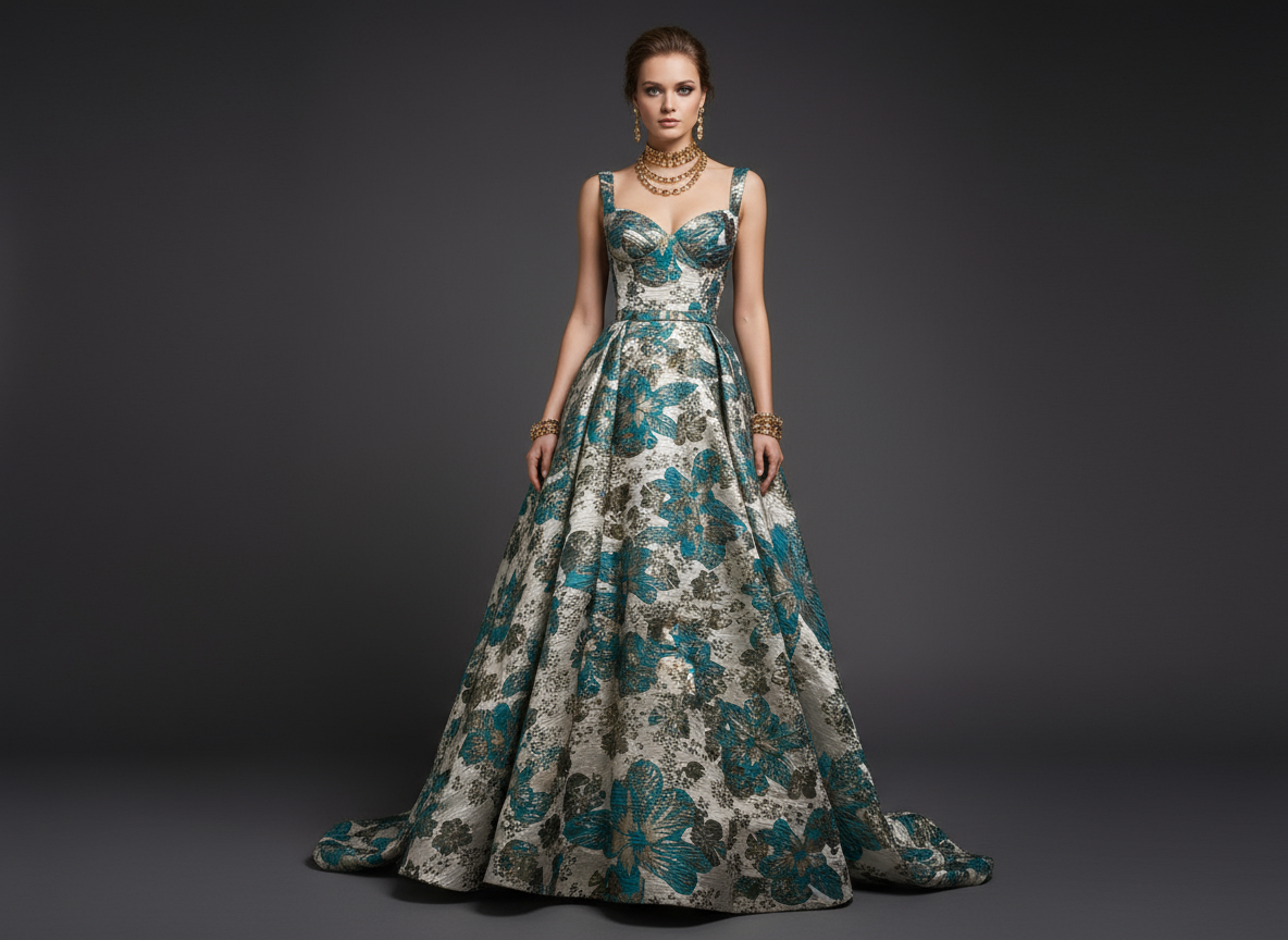 Brocart Floral Vert-Bleu et Doré - Tissu Jacquard Luxe 145 cm