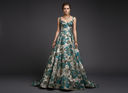 Brocart Floral Vert-Bleu et Doré - Tissu Jacquard Luxe 145 cm