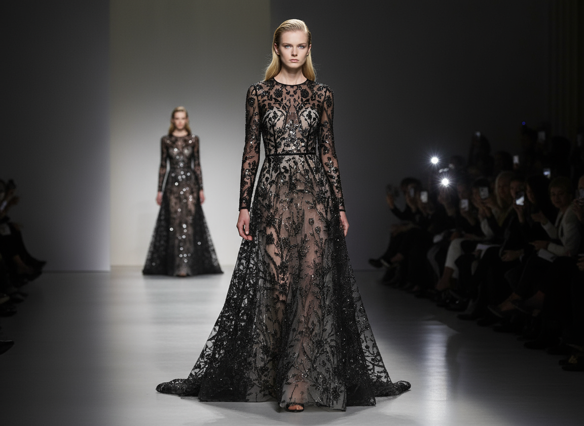 Tulle Perlé Noir 145cm - Tissu Brodé Perles Florales - Haute Couture