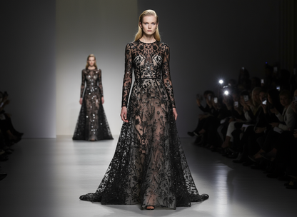 Tulle Perlé Noir 145cm - Tissu Brodé Perles Florales - Haute Couture