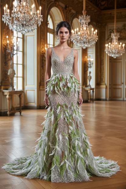Robe de soirée tulle perlé plumes – éditorial château français