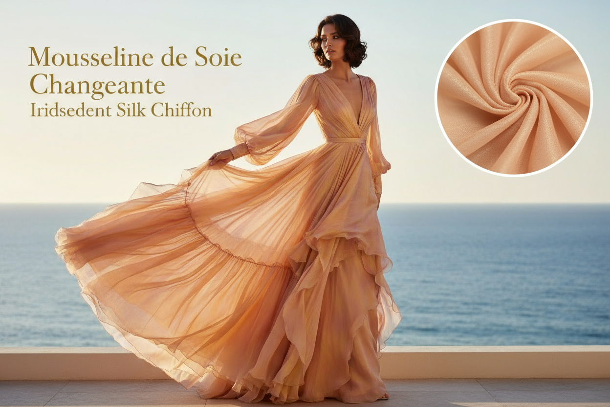 Mousseline de Soie Changeante Pêche et Jaune 145 cm - Haute Couture