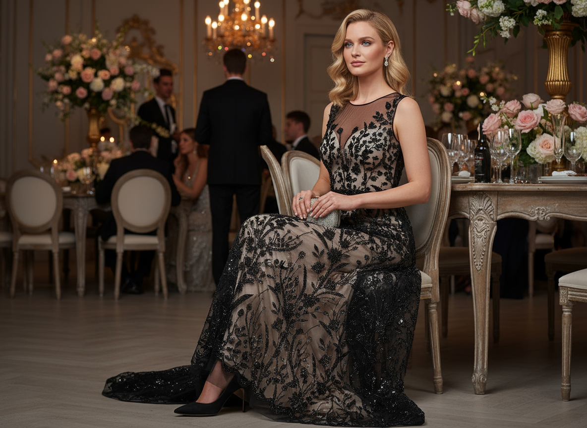 Tulle Perlé Noir 145cm - Tissu Brodé Perles Florales - Haute Couture