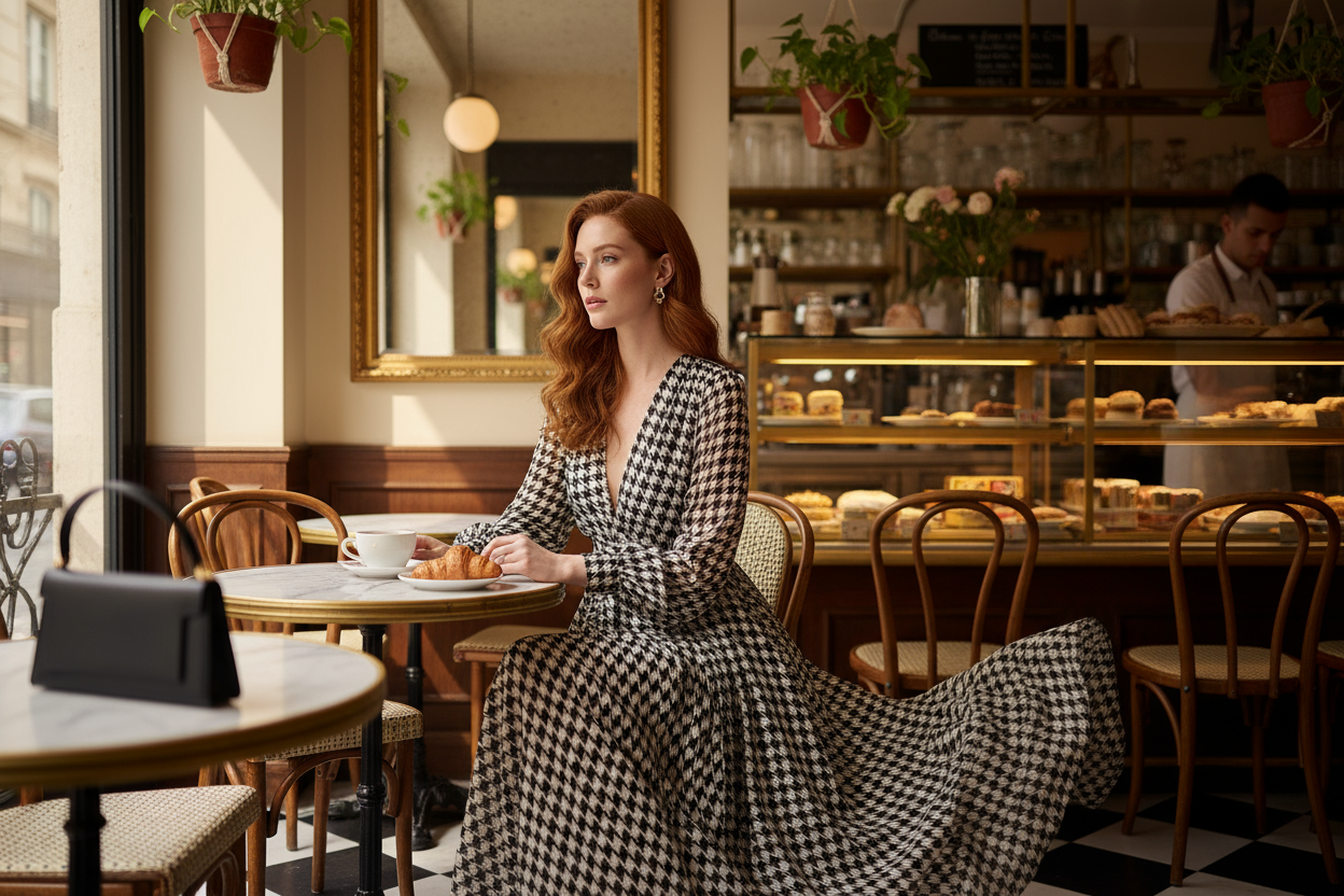 Robe fluide pied-de-poule dans un café parisien