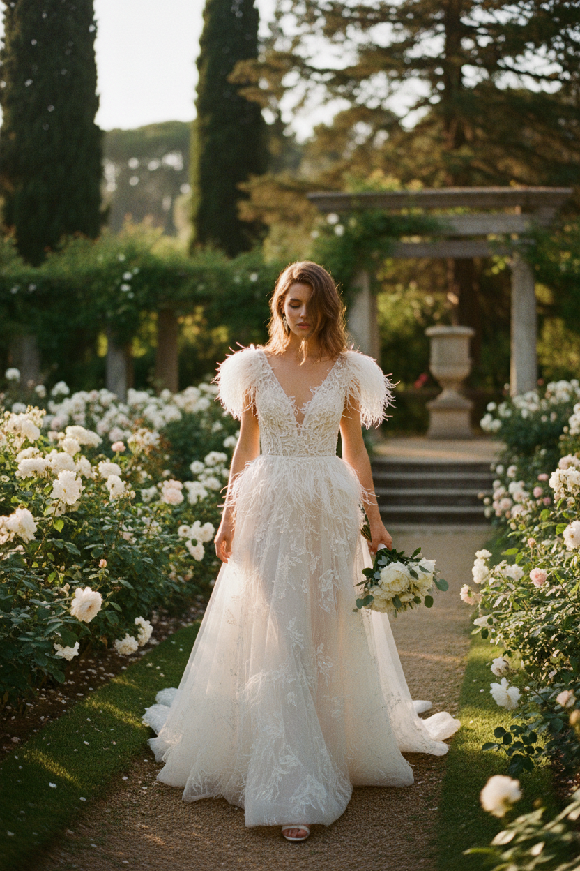 Robe longue ivoire dentelle plumes