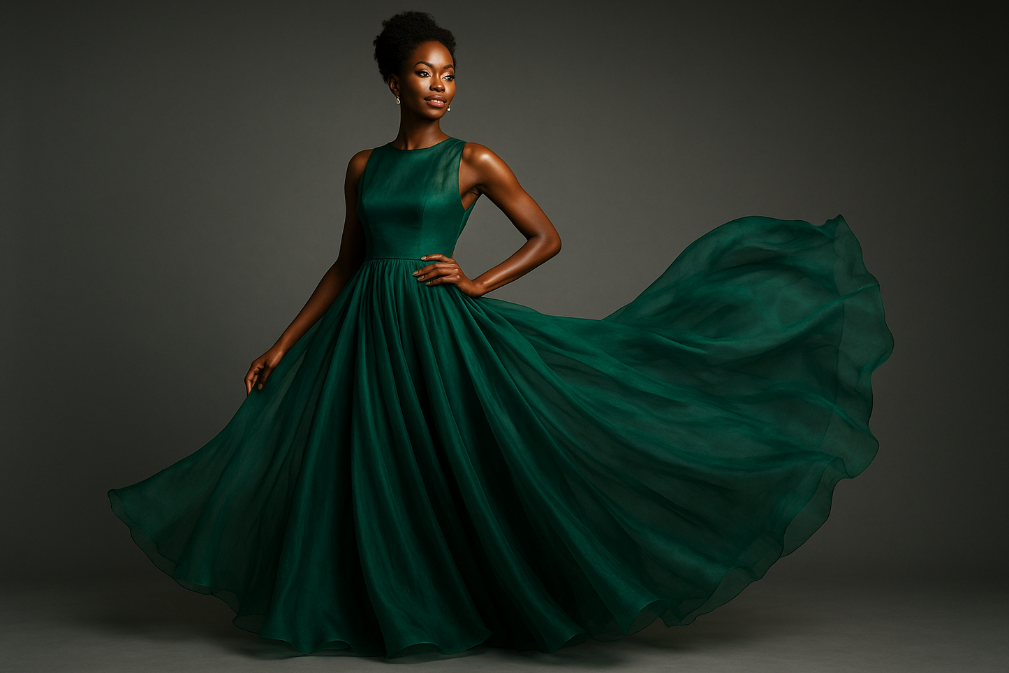élégante robe de soirée longue et évasée qui met parfaitement en valeur le tombé fluide et aérien de votre organza de soie vert émeraude. Cette image illustrera magnifiquement comment ce tissu sublime les créations haute couture !