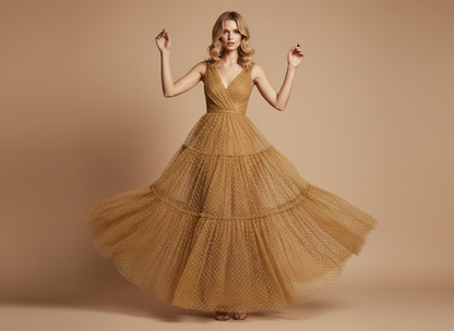 Tulle Plumetis Moutarde 145 cm - Pois Brodés Dorés - Non Extensible Premium