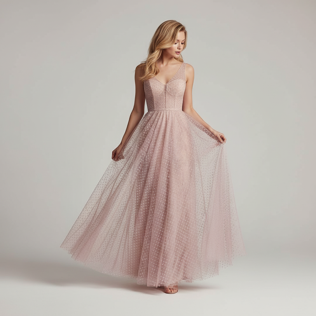 Tulle Plumetis Vieux Rose 145 cm - Pois Brodés - Non Extensible Premium