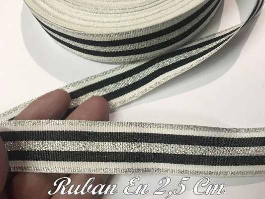 Ruban Au Mètre Argent Ou Doré Style "Marin" En 2.5 Cm  Avec Bande  Noir.
