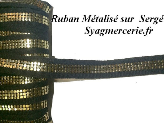 Ruban Au Mètre Métallisé Doré sur Sergé Noir de 2 cm
