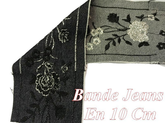 Ruban Bande De tissu Jeans Au Mètre brodé Double Face En 10 Cm Marine Et Gris
