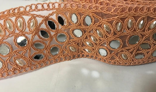 Ruban Brodé Saumon orné de perles et de Miroir Pour Décorations Caftans Ceintures Et Customisations.
