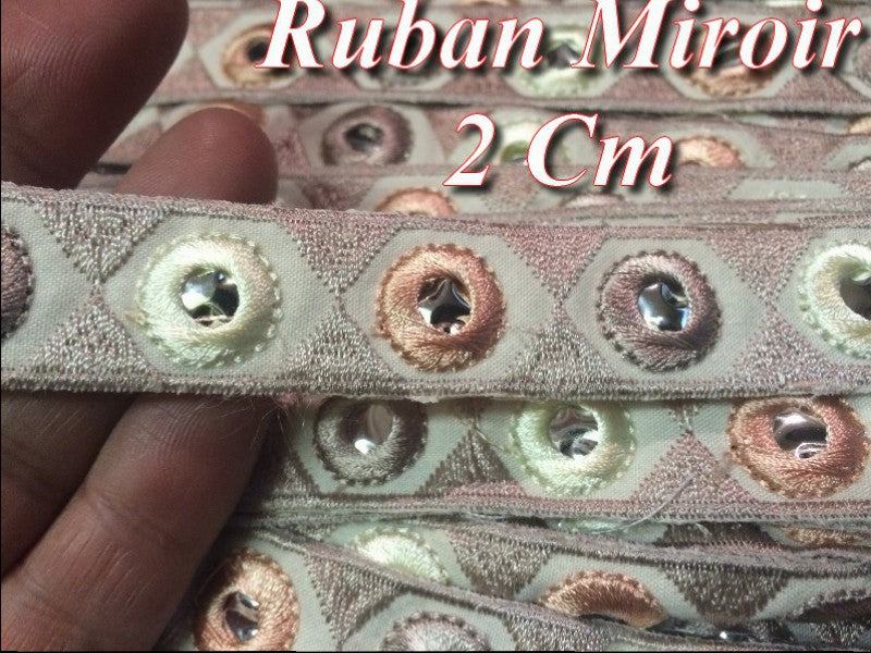 Ruban Effet Miroir Ethnique, galon Indien  Au Mètre Couleur Taupe Et Saumon Pour Décorations.