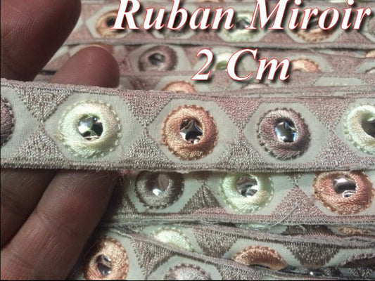 Ruban Effet Miroir Ethnique, galon Indien  Au Mètre Couleur Taupe Et Saumon Pour Décorations.