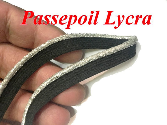 Ruban En forme De Passepoil Lycra Elastique En 1 Cm, Noir et Argent  Pour Lingerie, et Customisations.