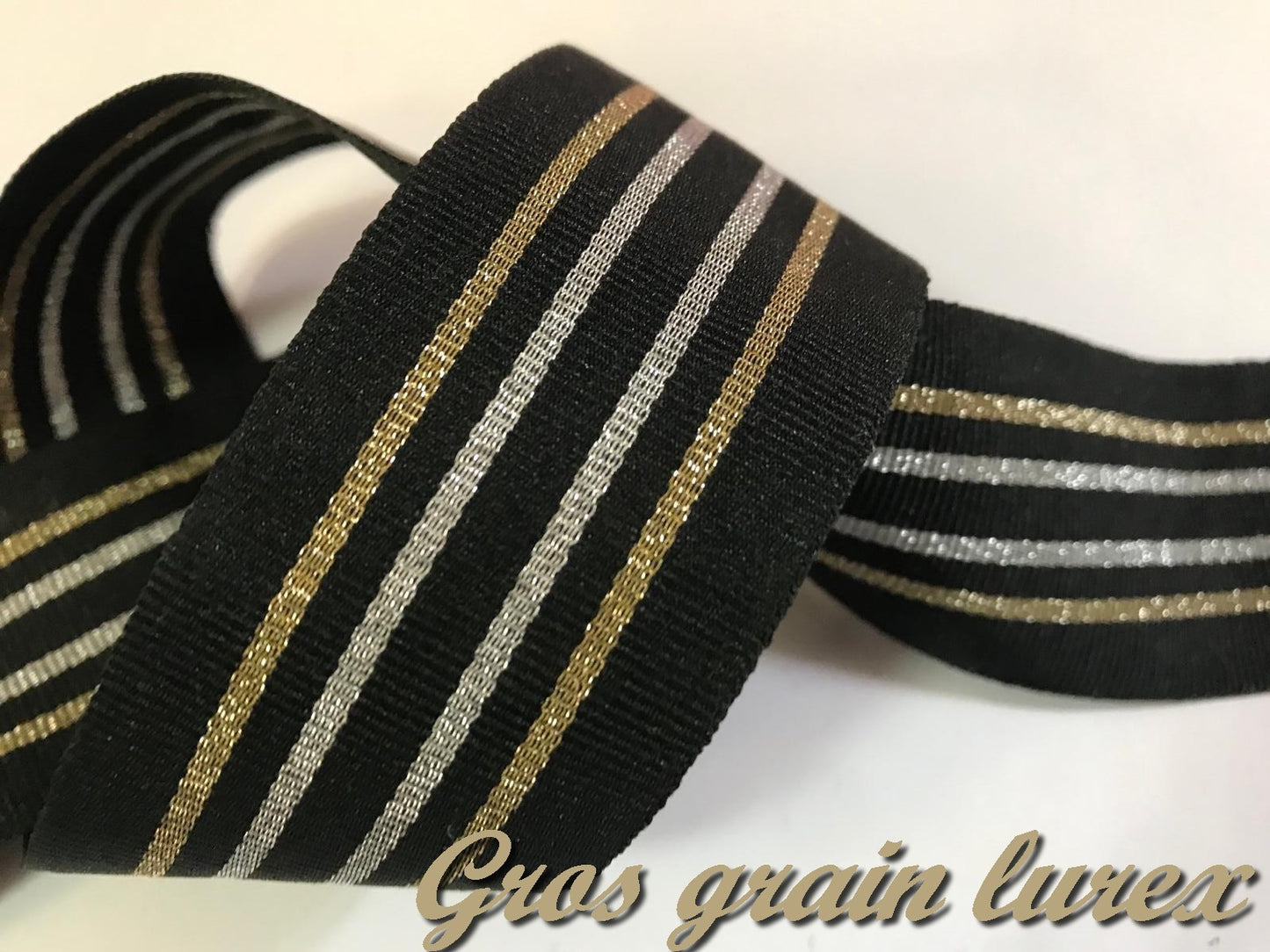 35mm Black Grosgrain Ribbon with Gold and Silver Stripes, Award-Winning Sewing Ribbon: Ideal for Your Creative Hobbies and Decorations