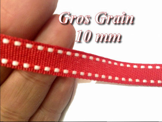 Red Grosgrain Ribbon 10 mm in White Saddle Stitch on Red Background Sold by the meter for Sewing for Creative Hobbies and Decorations.