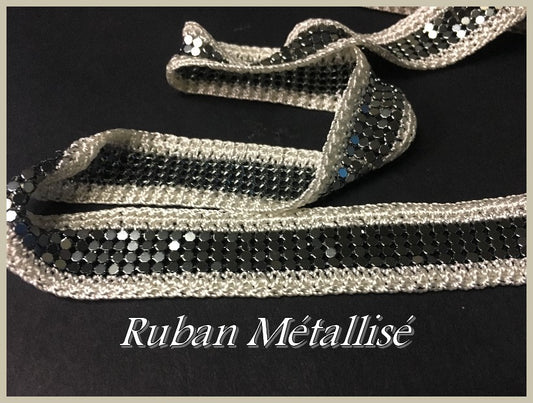 Grey Metal Ribbon by the Meter in 20 mm on an Ecru Background for Decorations and Customizations.