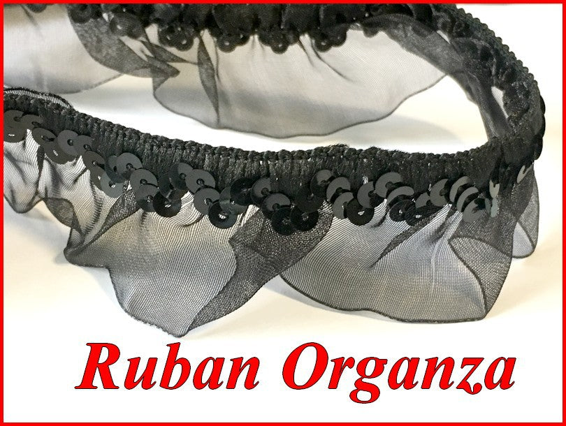 Black Organza Lycra Ribbon 30mm Decorated with Black Sequins for Lingerie