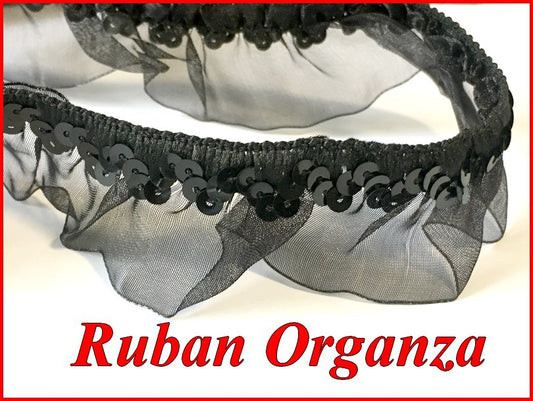 Black Organza Lycra Ribbon 30mm Decorated with Black Sequins for Lingerie