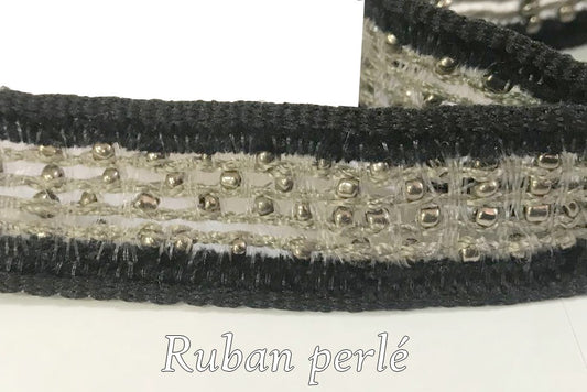 Ruban orné de perles argent, noir et gris en 17 mm : Élégance perlée
