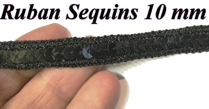 Ruban Pailleté à Sequins Noir 10mm - Mercerie Décorative au Mètre