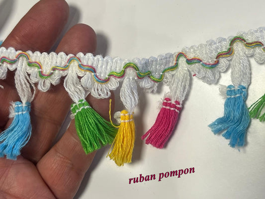 🌈 Ruban Pompon Multicolore – Largeur 4 cm – Vendu au mètre