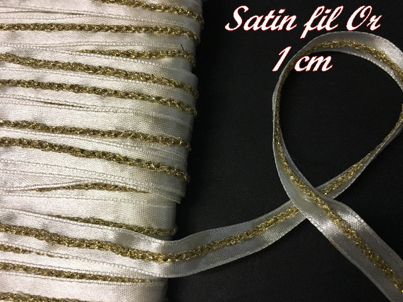 Satin Ribbon by the meter White with Gold Thread for Sewing, Creative Hobbies.