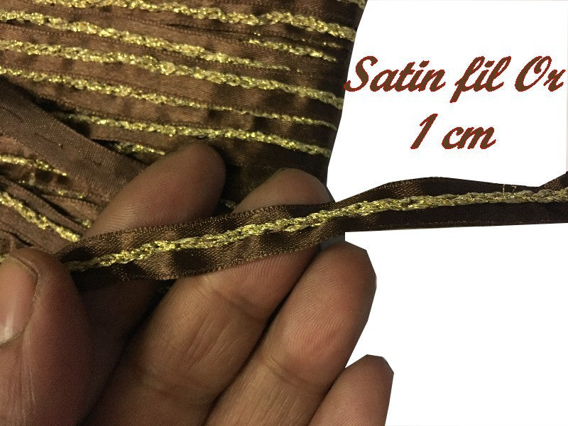 Chocolate satin ribbon by the meter with gold thread