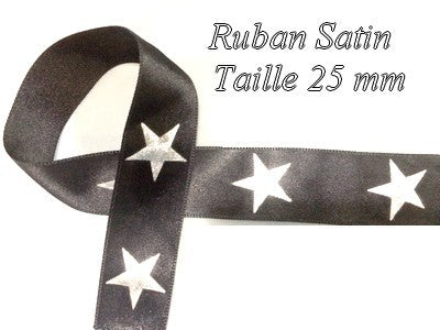 Black and Silver Star Satin Ribbon by the Meter, 2.5 cm