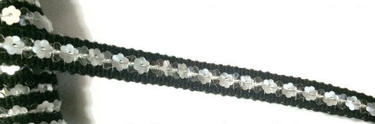 Sequin Ribbon by the Meter in Silver on 1 cm Black Wool Backing.
