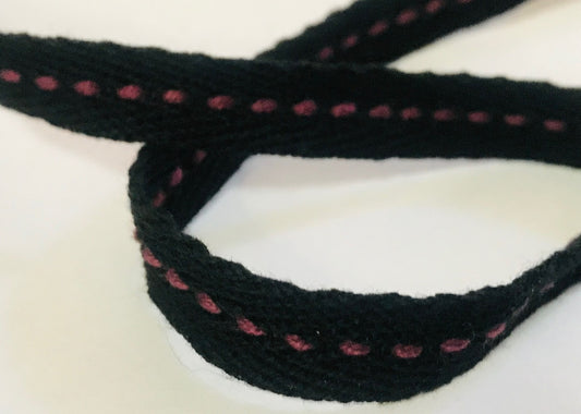 Ruban Sergé Coton Noir En 10 mm A point Cellier Violet A Coudre Pour Loisirs Créatifs Et Décorations.