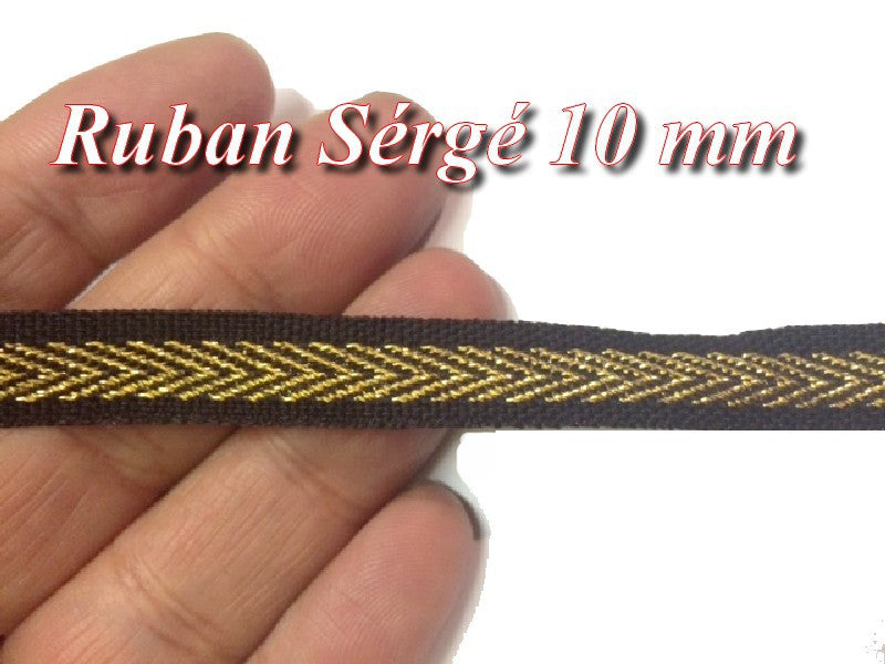 Ruban Sergé En 10 mm Doré Or Sur Fond Noir A Coudre Pour Loisirs Créatifs Et Décorations.