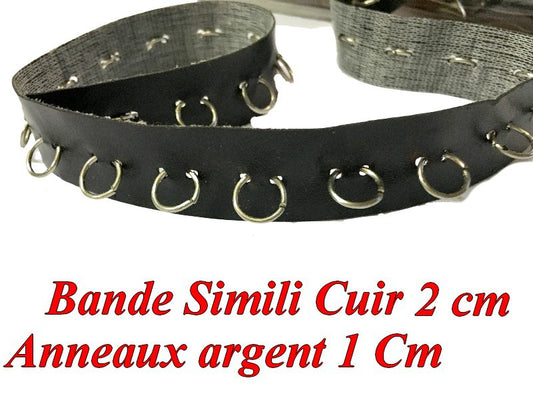 Ruban Simili Cuir 2 Cm Mat Noir Au Mètre  Avec Des Anneaux Argent  Couture.