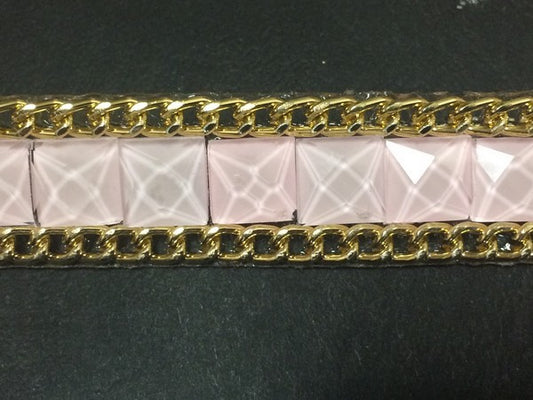 Ruban strass au mètre en 15mm rose orné de chaine doré